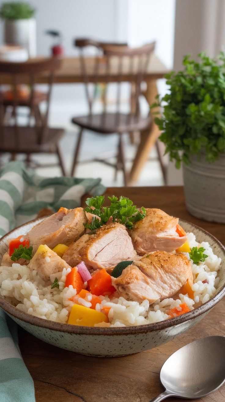 A bowl of slow cooker chicken and rice with vegetables, garnished with parsley, in a cozy kitchen setting.